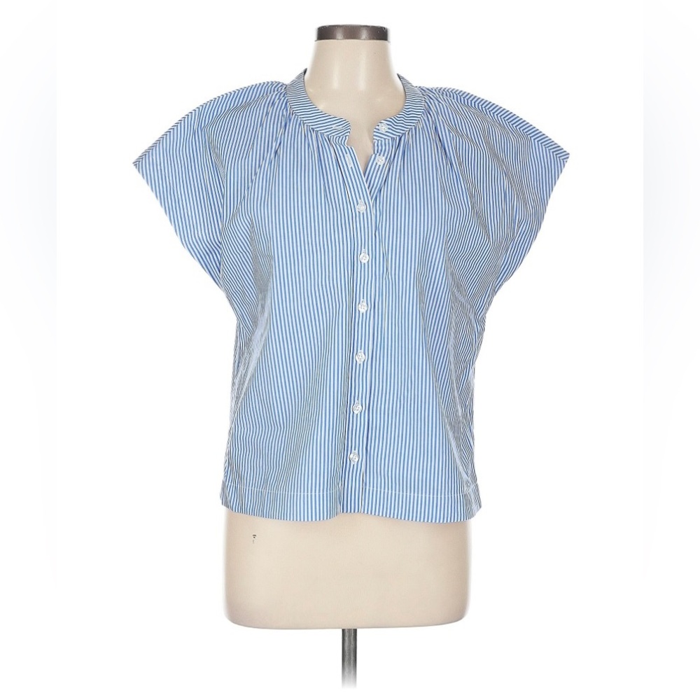 EVEREVE Blue White Striped Button Front Blouse Short Sleeve Relaxed Fit Size L